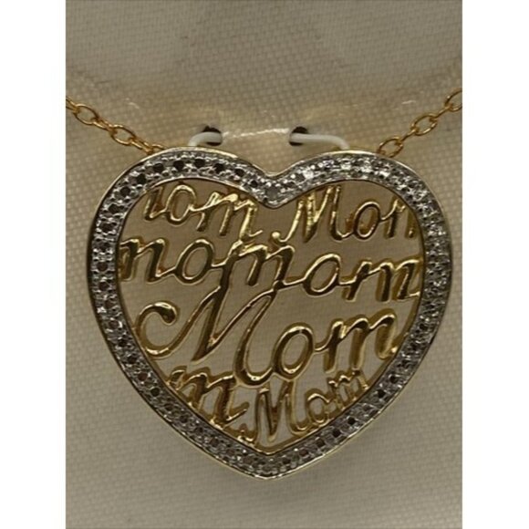 VTG Mom Diamond Accent Necklace 18k Yellow Gold Plate Heart Pendant 18" NOS Love - Picture 2 of 6